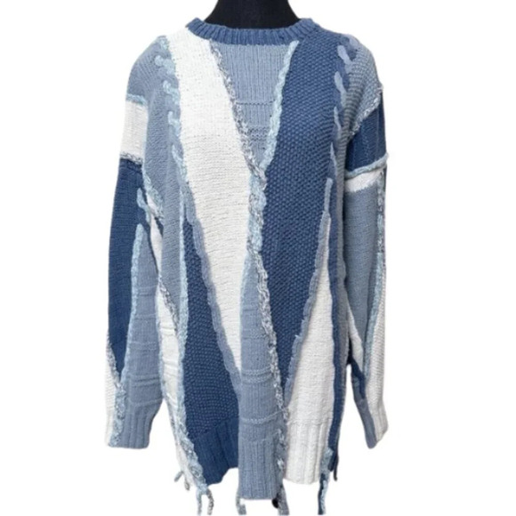 Funsport Womens Large Chunky Blue White Color Mix Ramie Sweater - Picture 2 of 16